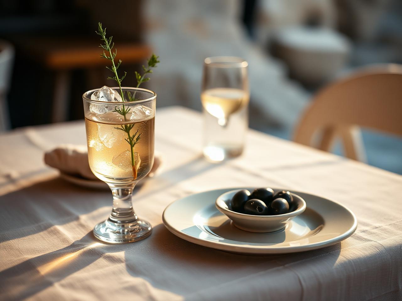 A glass of ouzo with fresh oregano and a small plate of kalamata olives on a sunlit linen table