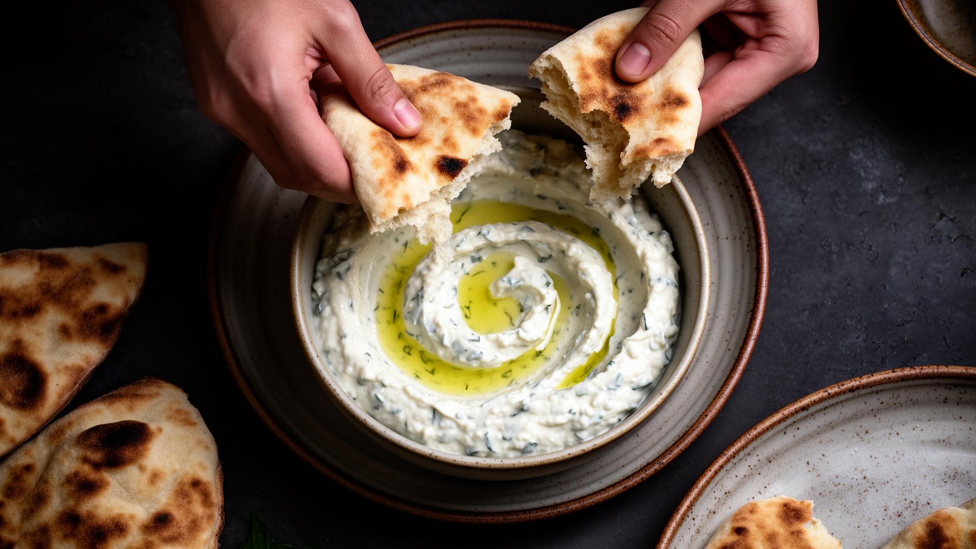 Hands tearing fresh warm pita above a bowl of tzatziki