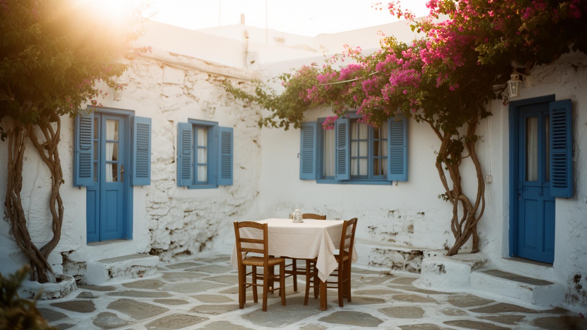 A whitewashed Greek courtyard with blue shutters and bougainvillea at golden hour